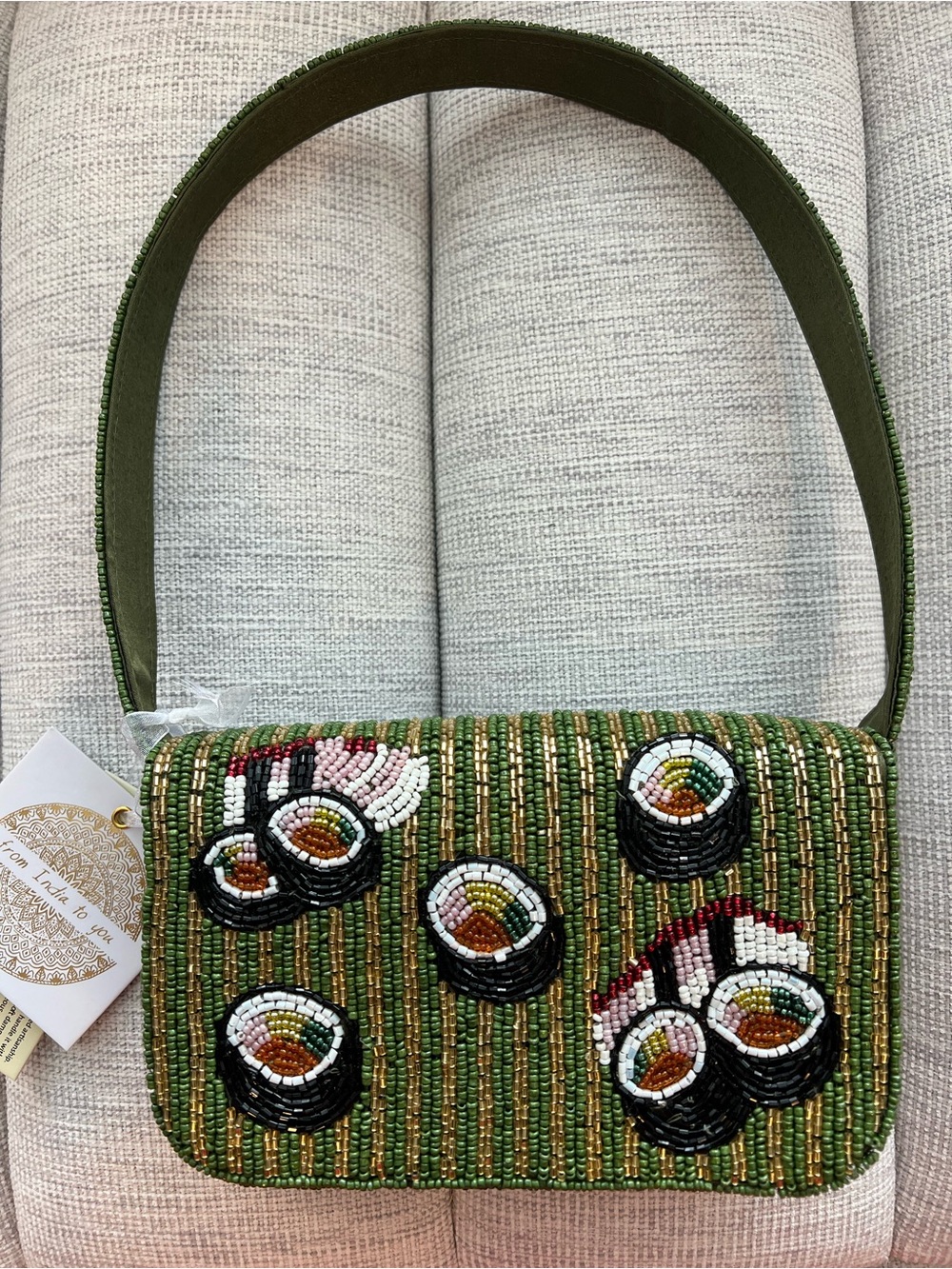 Green Beaded Shoulder Bag with Sushi Motif